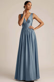 Dusty Blue Satin Corset V Neck Long Wedding Guest Dress