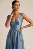 Dusty Blue Satin Corset V Neck Long Wedding Guest Dress
