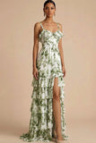 Green Floral A Line Sweetheart Maxi Wedding Guest Dress with Slit