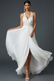 White Lace Appliqued A Line Long Wedding Reception Dress with Slit