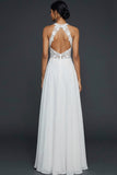 White Lace Appliqued A Line Long Wedding Reception Dress with Slit