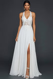 White Lace Appliqued A Line Long Wedding Reception Dress with Slit