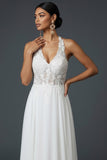 White Lace Appliqued A Line Long Wedding Reception Dress with Slit