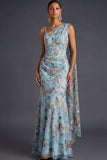Floral Mauve Mermaid Maxi Wedding Guest Dress with Sash