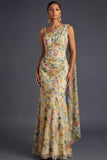 Floral Mauve Mermaid Maxi Wedding Guest Dress with Sash