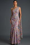 Floral Mauve Mermaid Maxi Wedding Guest Dress with Sash