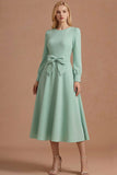 Dusty Sage A Line Round Neck Long Sleeves Long Formal Dress with Bow
