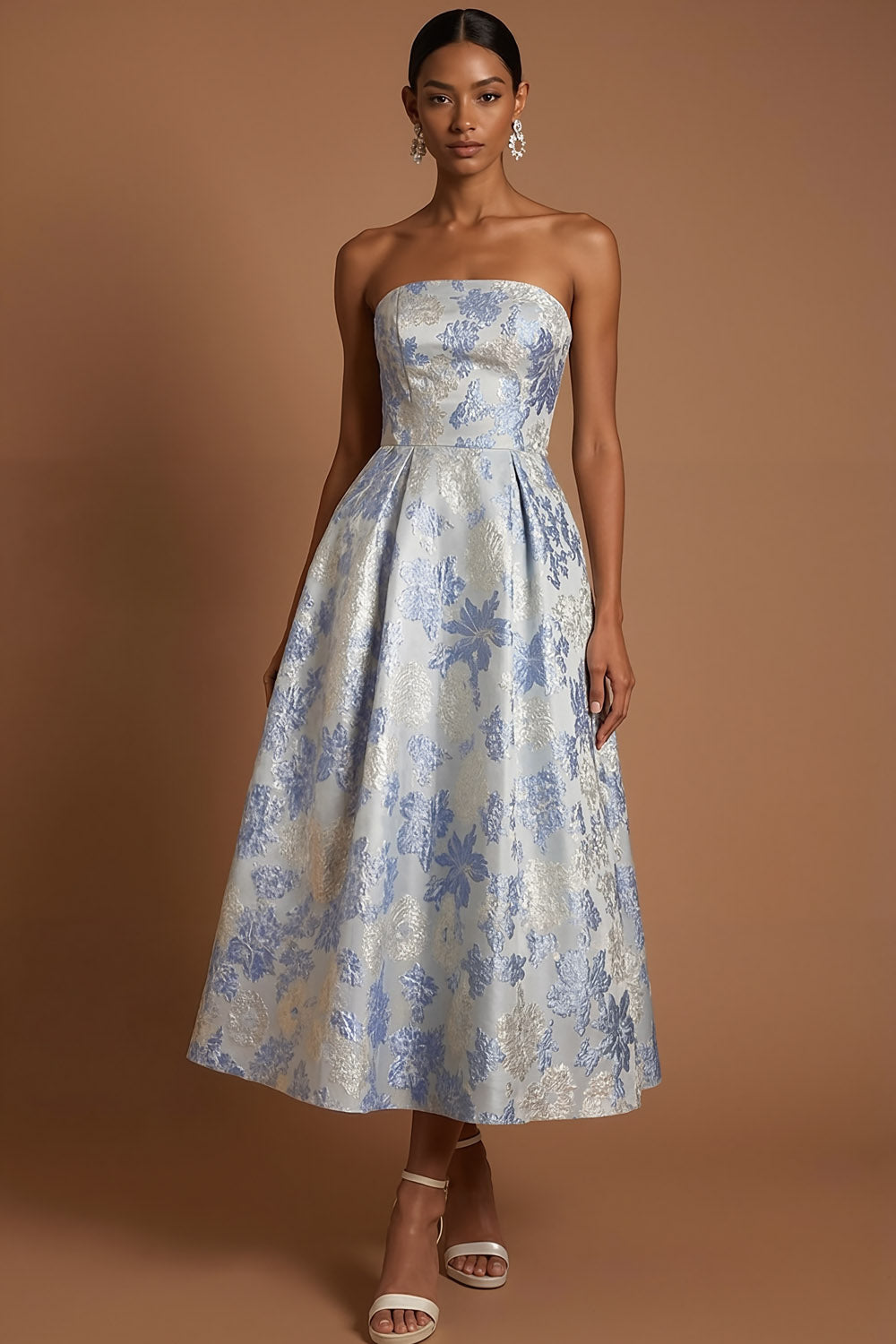 Leely Women Dusty Blue Floral A Line Wedding Guest Dress Strapless