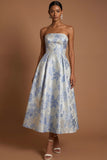 Dusty Blue Jacquard Floral A Line Wedding Guest Dress