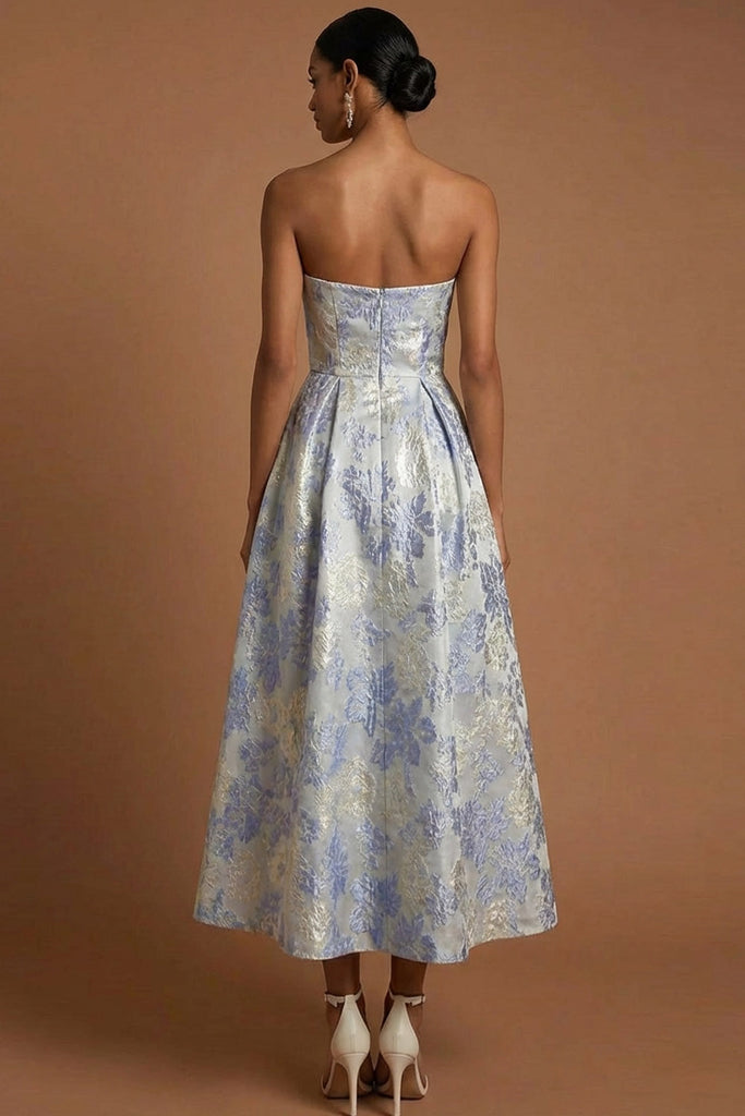 Leely Women Dusty Blue Floral A Line Wedding Guest Dress Strapless