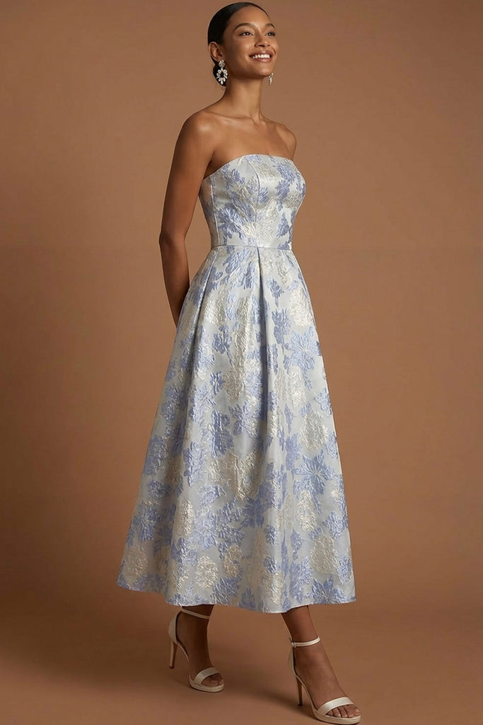 Leely Women Dusty Blue Floral A Line Wedding Guest Dress Strapless