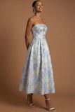 Dusty Blue Jacquard Floral A Line Wedding Guest Dress