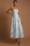 Dusty Blue Jacquard Floral A Line Wedding Guest Dress
