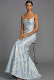 Mermaid Dusty Blue Jacquard Floral Wedding Guest Dress