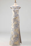 Mermaid Dusty Blue Floral Draped Wedding Guest Dress with Slit