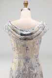 Mermaid Dusty Blue Floral Draped Wedding Guest Dress with Slit
