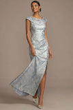 Mermaid Dusty Blue Floral Draped Wedding Guest Dress with Slit