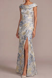 Mermaid Dusty Blue Floral Draped Wedding Guest Dress with Slit