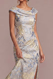 Mermaid Dusty Blue Floral Draped Wedding Guest Dress with Slit