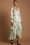 Green Floral A Line V Neck Maxi Wedding Guest Dress