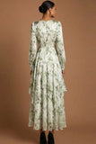 Green Floral A Line V Neck Maxi Wedding Guest Dress