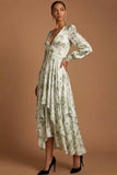 Green Floral A Line V Neck Maxi Wedding Guest Dress