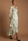 Green Floral A Line V Neck Maxi Wedding Guest Dress