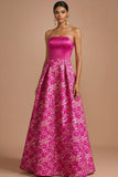 Fuchsia Floral A Line Strapless Long Wedding Guest Dress