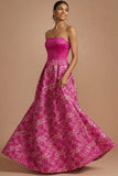 Fuchsia Floral A Line Strapless Long Wedding Guest Dress