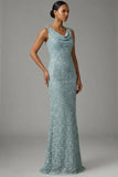 Sparkly Grey Green Beaded Mermaid Cowl Neck Gala Dress