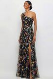 Mauve A Line Floral One Shoulder Floral Long Wedding Guest Dress with Slit