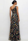 Mauve A Line Floral One Shoulder Floral Long Wedding Guest Dress with Slit