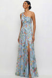 Mauve A Line Floral One Shoulder Floral Long Wedding Guest Dress with Slit