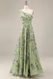 Mauve A Line Floral One Shoulder Floral Long Wedding Guest Dress with Slit