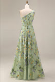Mauve A Line Floral One Shoulder Floral Long Wedding Guest Dress with Slit