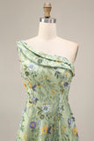 Mauve A Line Floral One Shoulder Floral Long Wedding Guest Dress with Slit