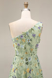 Mauve A Line Floral One Shoulder Floral Long Wedding Guest Dress with Slit