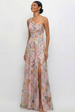 Mauve A Line Floral One Shoulder Floral Long Wedding Guest Dress with Slit