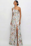 Mauve A Line Floral One Shoulder Floral Long Wedding Guest Dress with Slit