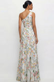 Mauve A Line Floral One Shoulder Floral Long Wedding Guest Dress with Slit