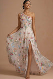 Ivory Corset Floral One Shoulder Long Prom Dress with Slit