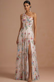 Ivory Corset Floral One Shoulder Long Prom Dress with Slit
