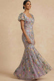 Mauve Floral Mermaid Embroidered Square Neck Long Formal Dress