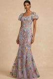 Mauve Floral Mermaid Embroidered Square Neck Long Formal Dress
