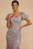 Mauve Floral Mermaid Embroidered Square Neck Long Formal Dress