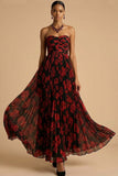 Black Red Floral Pleated A Line Long Wedding Guest Dress