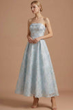 Light Blue Jacquard A Line Floral Long Wedding Guest Dress