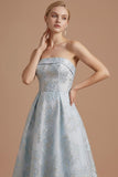 Light Blue Jacquard A Line Floral Long Wedding Guest Dress