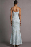 Light Blue Jacquard Mermaid Floral Long Wedding Guest Dress