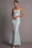 Light Blue Jacquard Mermaid Floral Long Wedding Guest Dress